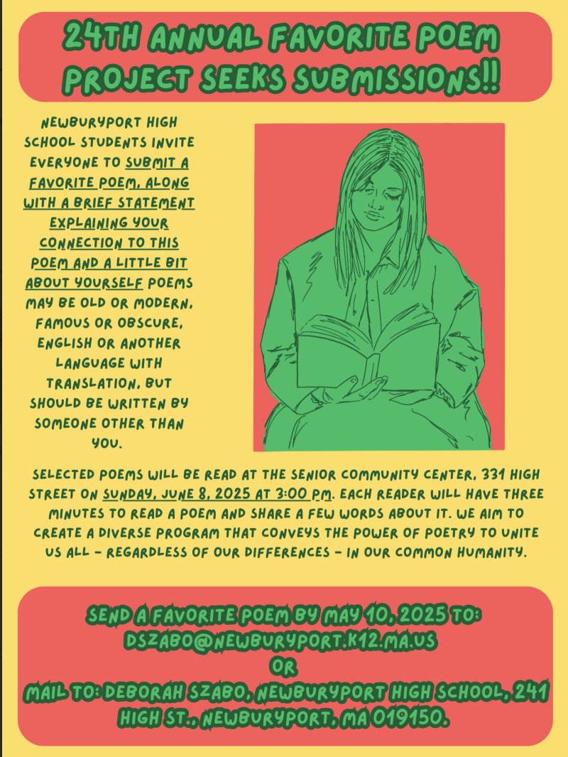 Newburyport Literary Festival (@nbptlitfest) on Twitter photo 🚨 Our friends at @newburyporthigh have an announcement to share! 🚨
Send a favorite poem by May 10, 2025 to: dszabo@newburyport.k12.ma.us or
Mail to: Deborah Szabo, Newburyport High School, 241 High St., Newburyport, MA 01950 🚨 Our friends at @newburyporthigh have an announcement to share! 🚨
Send a favorite poem by May 10, 2025 to: dszabo@newburyport.k12.ma.us or
Mail to: Deborah Szabo, Newburyport High School, 241 High St., Newburyport, MA 01950