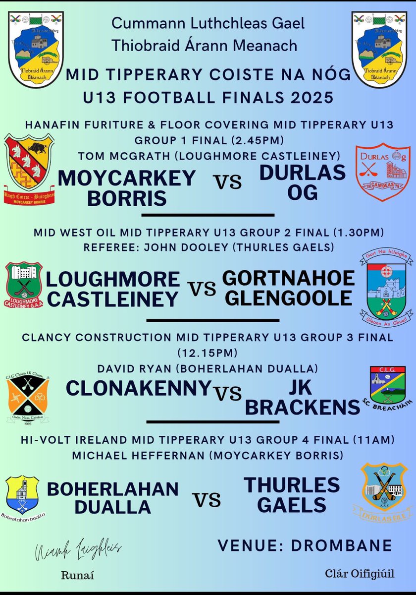 Best of luck to our U13 Footballers playing Moycarkey in the Mid Final this Bank Holiday Monday in Drombane.