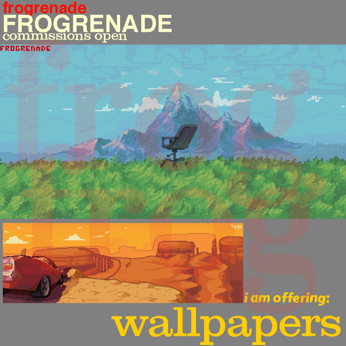 frogrenade's tweet image. COMMISSIONS SHEET

here&apos;s what i&apos;m offering! currently i have no max slots

contact me on discord : @frogrenade , or on email at frogemedia@gmail.com

thank you!!!

#pixelart #artph #commissions #commissionsopen