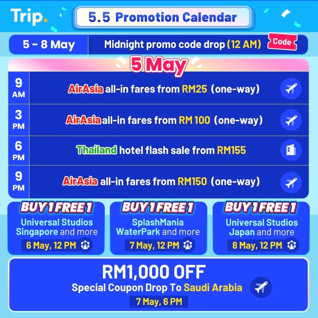 pmbrutiketmurah's tweet photo. TripDotCom MEGA Sale akan bermula pada 5 hingga 8 Mei 2025. 

Ada voucher tiket flight Saudi Airlines sebanyak RM1,000! 

Tekan reminder siap-siap supaya tak terlepas promo ini! 👉 https://t.co/9BLEPvlO8J https://t.co/LoiLLg0KYd