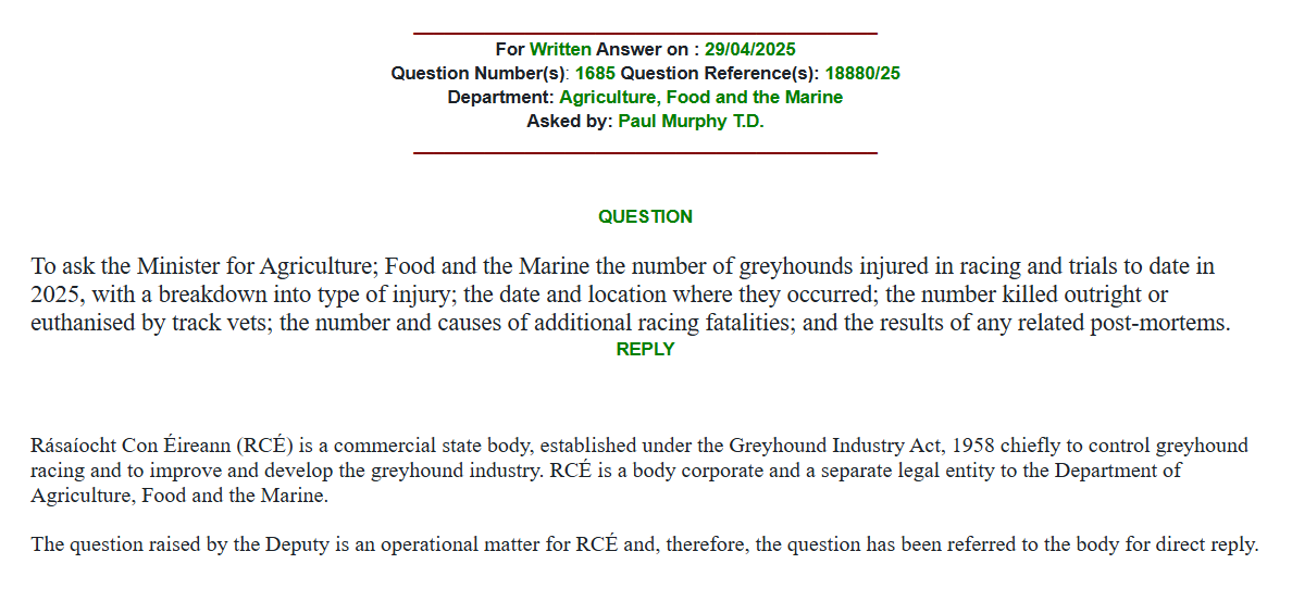 Ban Blood Sports (@banbloodsports) on Twitter photo Paul Murphy TD has asked the Minister for Agriculture for the number of greyhounds injured and killed in racing and trials so far in 2025. How many more dogs will suffer and die before the government stops funding this cruel gambling activity? Thank you <a href="/paulmurphy_TD/">Paul Murphy 🏳️⚧️</a> Paul Murphy TD has asked the Minister for Agriculture for the number of greyhounds injured and killed in racing and trials so far in 2025. How many more dogs will suffer and die before the government stops funding this cruel gambling activity? Thank you <a href="/paulmurphy_TD/">Paul Murphy 🏳️⚧️</a>
