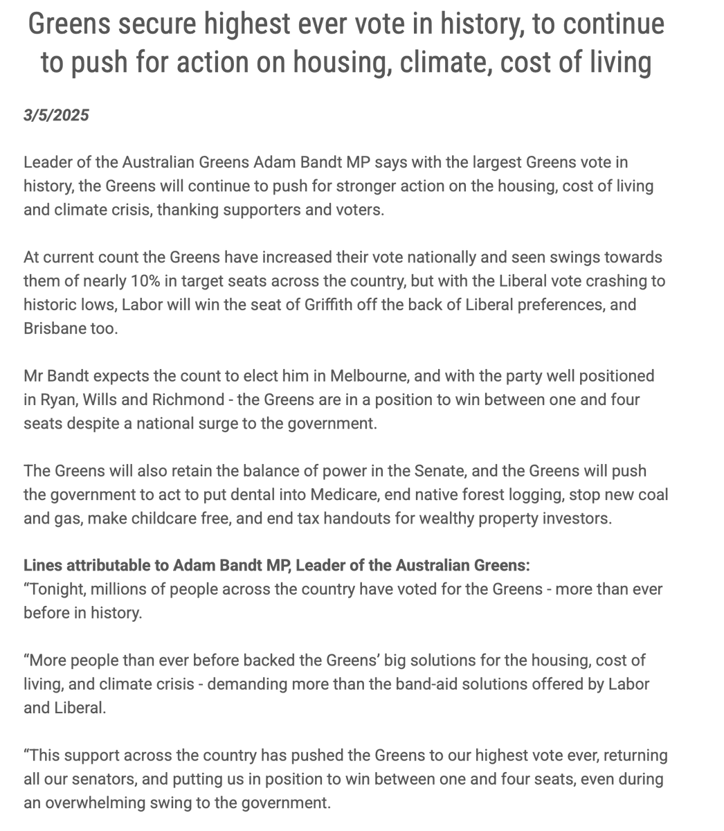 Leo_Puglisi6's tweet photo. GREENS FEDERAL ELECTION STATEMENT

"increased their vote nationally and seen swings towards them of nearly 10% in target seats"

> "Bandt expects the count to elect him in Melbourne"
> CHANDLER-MATHER: "not the last we've seen of him"
> BATES: "great things to come" https://t.co/SIbPnE9Cp7