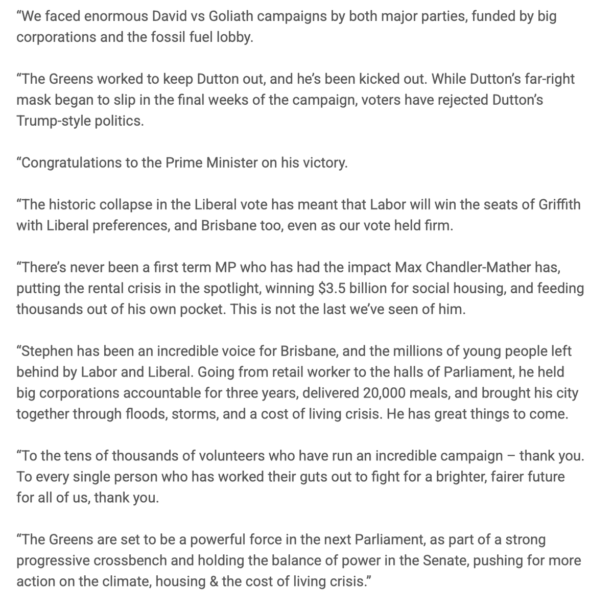 Leo_Puglisi6's tweet photo. GREENS FEDERAL ELECTION STATEMENT

"increased their vote nationally and seen swings towards them of nearly 10% in target seats"

> "Bandt expects the count to elect him in Melbourne"
> CHANDLER-MATHER: "not the last we've seen of him"
> BATES: "great things to come" https://t.co/SIbPnE9Cp7