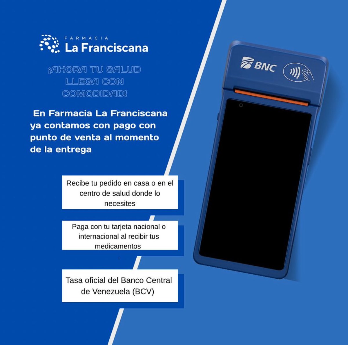 LafranciscanaF's tweet photo. ¡Ahora pagar tus pedidos es más fácil y cómodo! 😎
En #FarmaciaLaFranciscana ya contamos con punto de venta móvil, para que puedas cancelar al momento de recibir tu pedido en casa o en cualquier centro de salud donde te encuentres
Porque tu salud también merece comodidad 💙 https://t.co/H0dKk5dPXr