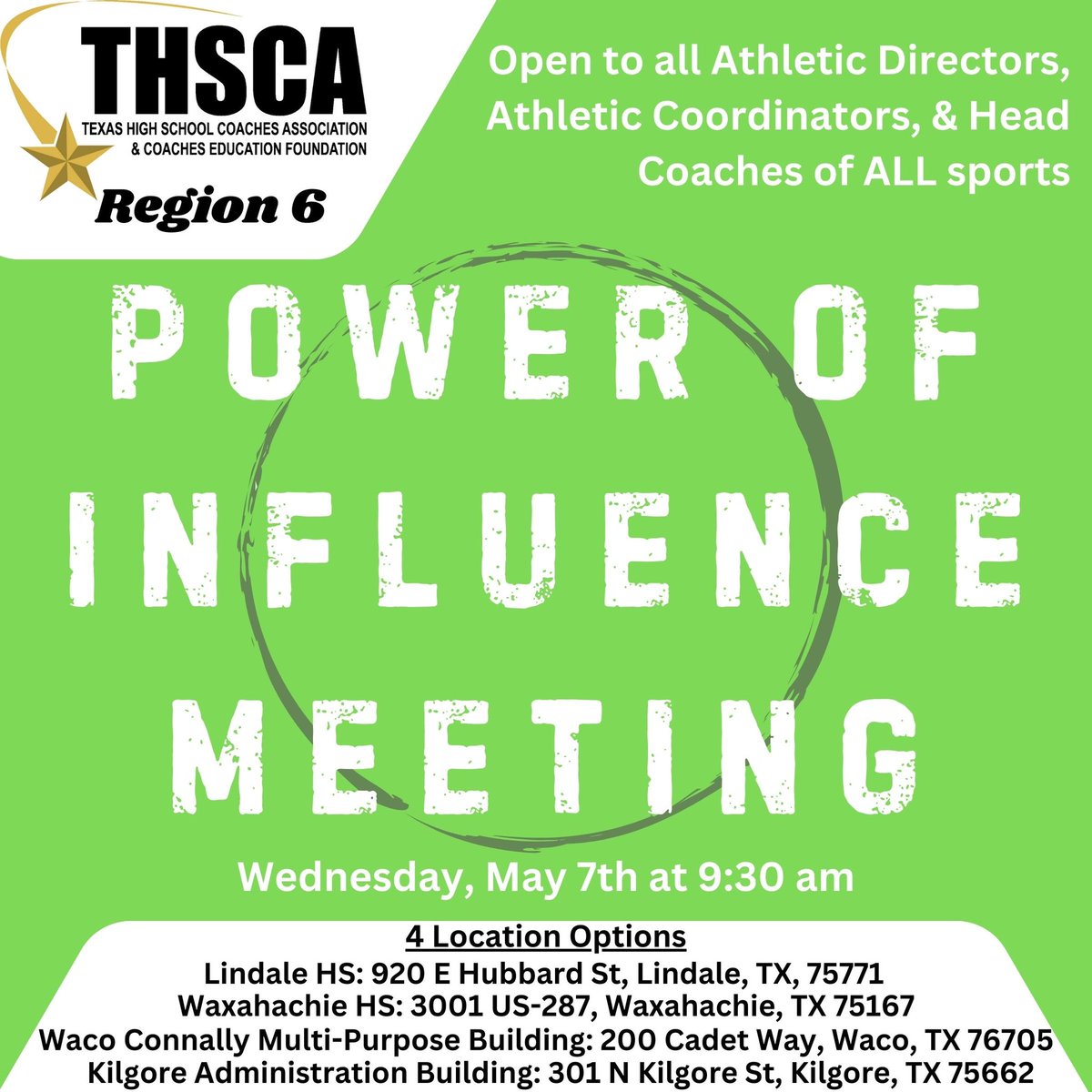 Chris Cochran (@coach_cochran) on Twitter photo <a href="/THSCAcoaches/">THSCA</a> Region 6 Power of Influence Meeting
-4 Locations: Waco, Waxahachie, Kilgore, and Lindale
-Wednesday 5/7, 9:30 am
-Open to all Athletic Directors, Athletic Coordinators, and Head Coaches of ALL SPORTS
We want to see you there!
<a href="/Coach_Hyde/">Coach Don Hyde</a> <a href="/Fuller_Clint/">Coach Fuller</a> <a href="/Tolleson20/">Coach Tolly 2⃣0⃣🇺🇸</a> <a href="/THSCAcoaches/">THSCA</a> Region 6 Power of Influence Meeting
-4 Locations: Waco, Waxahachie, Kilgore, and Lindale
-Wednesday 5/7, 9:30 am
-Open to all Athletic Directors, Athletic Coordinators, and Head Coaches of ALL SPORTS
We want to see you there!
<a href="/Coach_Hyde/">Coach Don Hyde</a> <a href="/Fuller_Clint/">Coach Fuller</a> <a href="/Tolleson20/">Coach Tolly 2⃣0⃣🇺🇸</a>