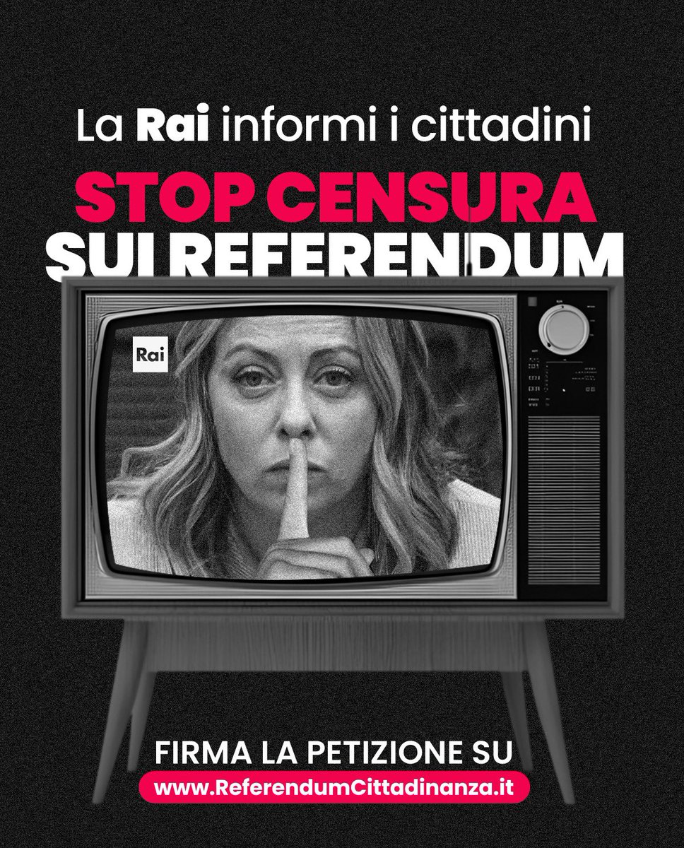 BASTA CENSURA SUL #REFERENDUMCITTADINANZA: QUESTO È UN ATTACCO ALLA DEMOCRAZIA.

A un mese dal voto, la RAI non ha dedicato nemmeno un minuto ai referendum dell’8 e 9 giugno.
Nessuna informazione, nessun dibattito, nessuna spiegazione.

Firma la petizione:
referendumcittadinanza.it/basta-censura-…