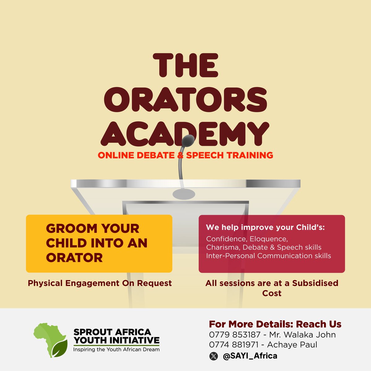 Want to boost your child’s confidence, eloquence, charisma &amp; public speaking skills?

The Orators Academy is here to unlock their full potential in speech &amp; debate!

📞 Contact us today:
Mr. Walaka John – 0779 853187
Achaye Paul – 0774 881971

Let your child speak, shine &amp; lead!
