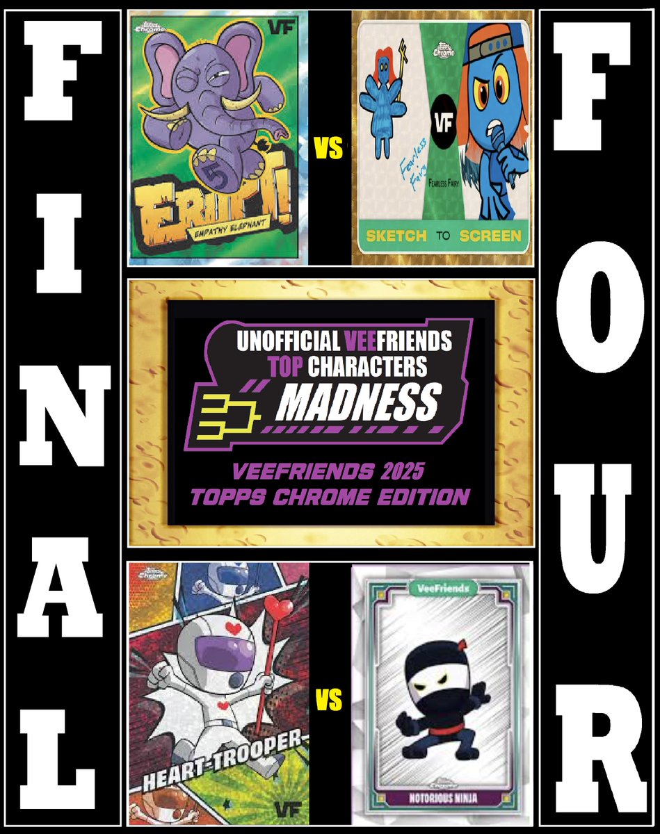 MikeJY1984's tweet photo. Come back Monday to vote on which of these four characters will make it to the finals in the Unofficial @veefriends #Countdown2Chrome #TopCharactersMadness Tourney!

These are the top 4 characters to chase in Chrome as voted by YOU! https://t.co/qNLPTFGIhk