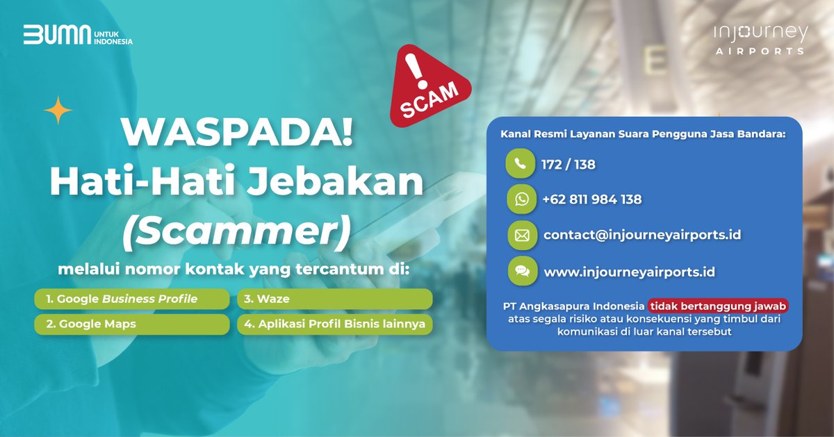Penipuan makin marak dan modusnya makin rapi. Selalu waspada ya #SobatAPI!
✅ Jangan mudah percaya info dari nomor tak dikenal
✅ Jangan klik sembarang link
✅ Selalu verifikasi lewat kanal resmi

Lebih baik hati-hati daripada rugi di kemudian hari!

Ingat, kanal resmi suara