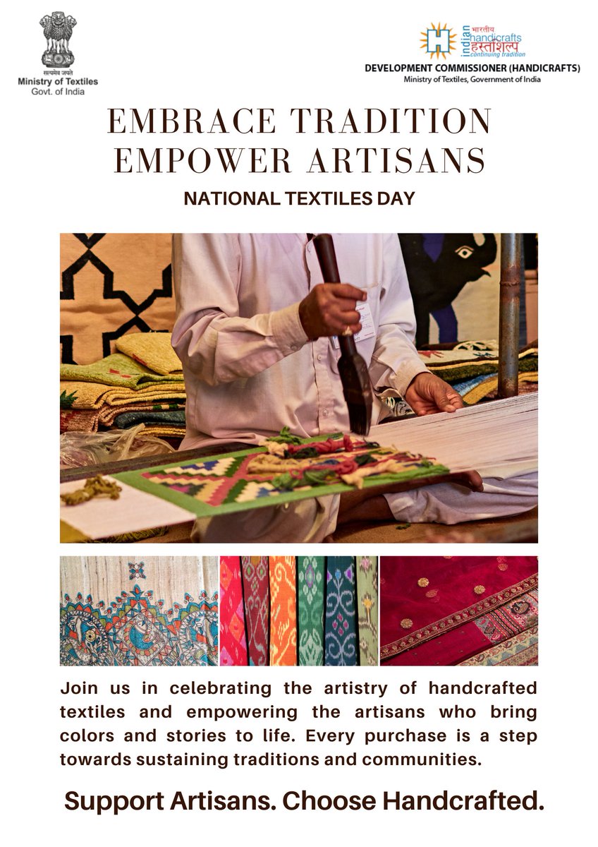 handicraftsdc's tweet photo. On National Textiles Day, we honour the artistry, heritage, and countless hands behind India's vibrant fabrics. Each piece reflects generations of skill, culture, and creativity. https://t.co/36fQfM1bds