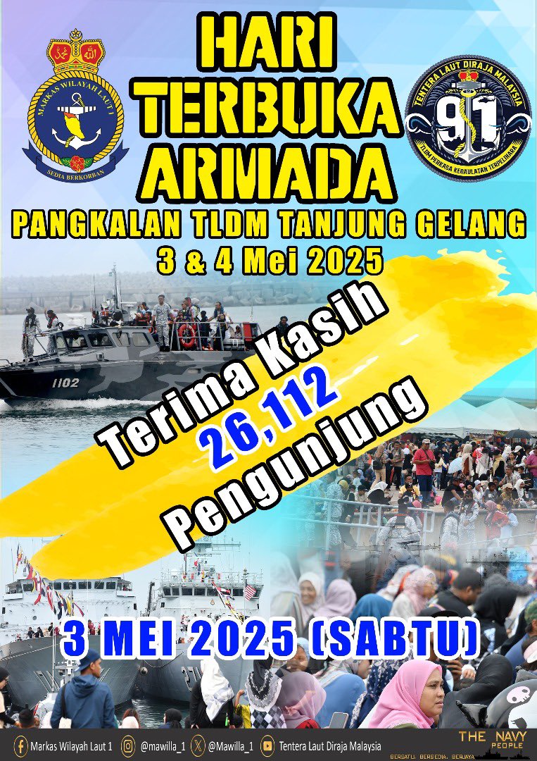 Mawilla_1's tweet photo. Hari Terbuka Armada 2025.

Wrap Up Day 1 Hari Terbuka Armada 2025 Pangkalan TLDM Tanjung Gelang. Lebih 26,000 pengunjung yang hadir sepanjang hari pertama Hari Terbuka Armada dilaksanakan!
Terima kasih kepada para pengunjung. 

Mereka sudah, anda bila lagi. Jom rasai pengalaman menaiki kapal TLDM dan banyak lagi aktiviti menarik menanti anda semua! Masih lagi dibuka pada 4 Mei 2025, 9 pagi sehingga 7 petang 🔥 Jom sama-sama saksikan demonstrasi Tim Menggeledah TLDM memintas dan menahan bot musuh di lautan pada jam 11 pagi. 

#NavyNews
#BersatuBersediaBerjaya
#TLDM91
#TLDMPerkasaKedaulatanTerpelihara
#kuantan