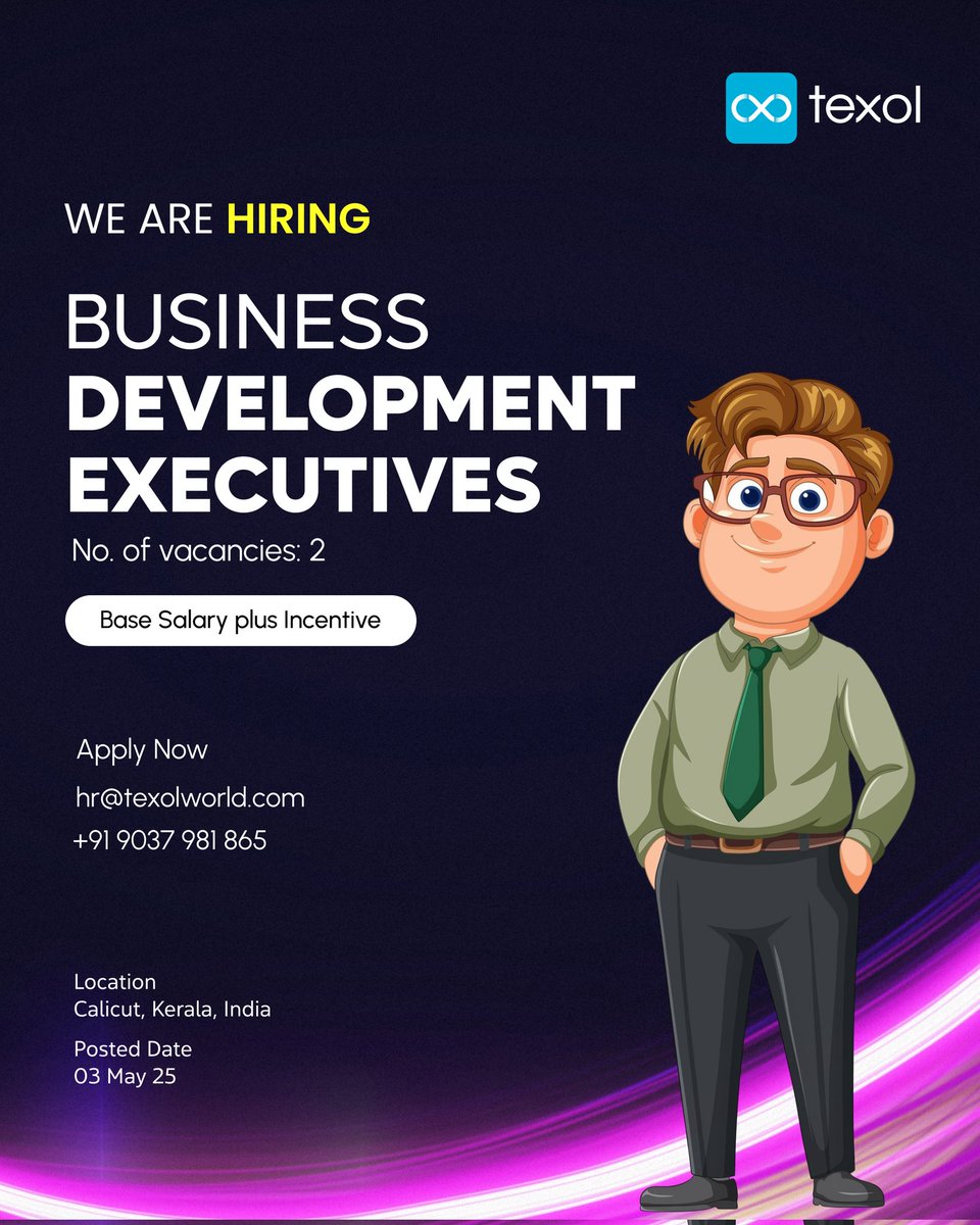 texolworld's tweet photo. 🚨 Texol Caliut is Hiring!
📢 Position: Business Development Executive (BDE)
📍 Location: Calicut
💼 Experience: 0–2 Years

Grow with us. Innovate with us. Succeed with us.
📩 Apply Now: hr@texolworld.com 
  📞 +91 90379 81865 https://t.co/hvN46jx39a