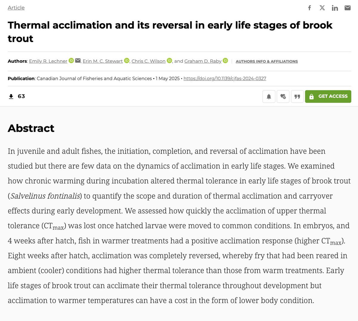 I’m happy to share that my bonus chapter from my MSc <a href="/TrentUniversity/">Trent University</a> is finally published in <a href="/cjfas/">Canadian Journal of Fisheries and Aquatic Sciences</a> 🔔

We investigated thermal acclimation and its reversal in embryos and subsequent life stages of brook trout (a North American native species) 🐟