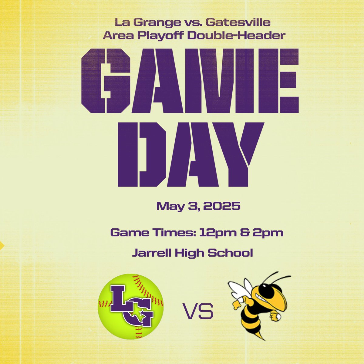 Double-Header Game Day Alert! 
Come support the La Grange Lady Lep Softball team as we take the field today against the Gatesville Hornets! 

Game Times: 12pm &amp; 2pm 
Where: Jarrell High School