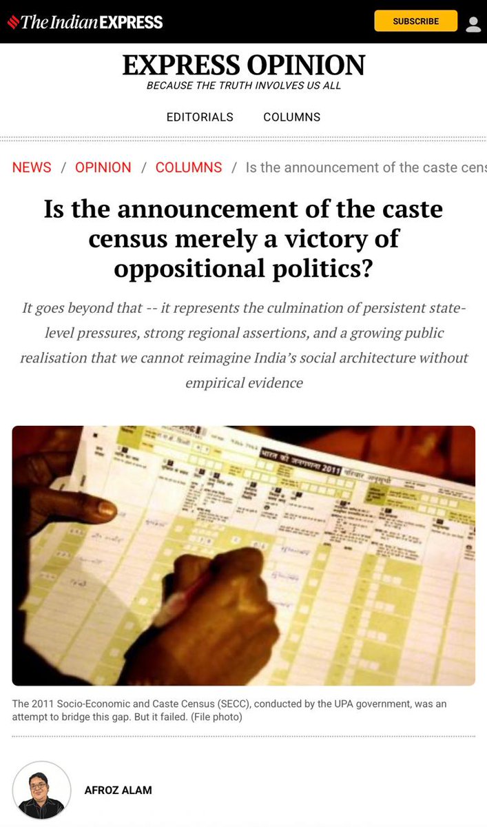 BillionConnect_'s tweet photo. Glad to share that Prof. Afroz Alam, Honorary Member of our Board of Advisors has made timely interventions on #castecenus debate in India's leading news papers. We wish more power to his pen.
@afrozalam2
@BillionConnect_
#census2021 #policmatters #DataForJustice https://t.co/LbtHRbnvnv