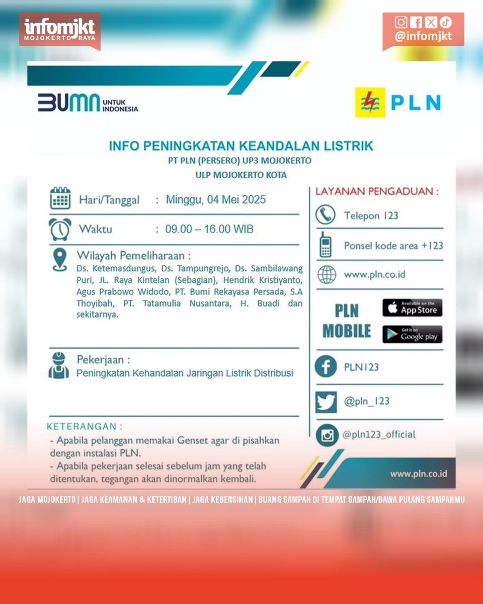 infomjkt's tweet photo. PEMADAMAN LISTRIK DAN PEMELIHARAAN JARINGAN.
Minggu, 4 Mei 2025
09.00 - 16.00 WIB
Raya Canggu (Kec. Jetis sebagian) sekitarnya.
Raya Kintelan (Kec. Puri sebagian) sekitarnya.
Detail lokasi dan durasi lihat poster!
#infomjkt #PLNmojokerto #kintelan #Puri #canggu #Jetis https://t.co/adaEC6fqKP