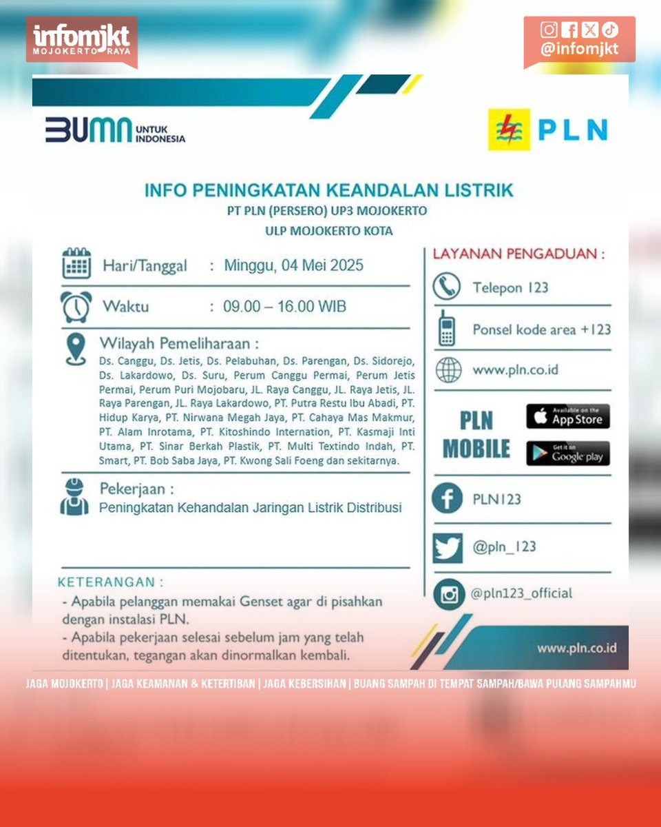 infomjkt's tweet photo. PEMADAMAN LISTRIK DAN PEMELIHARAAN JARINGAN.
Minggu, 4 Mei 2025
09.00 - 16.00 WIB
Raya Canggu (Kec. Jetis sebagian) sekitarnya.
Raya Kintelan (Kec. Puri sebagian) sekitarnya.
Detail lokasi dan durasi lihat poster!
#infomjkt #PLNmojokerto #kintelan #Puri #canggu #Jetis https://t.co/adaEC6fqKP