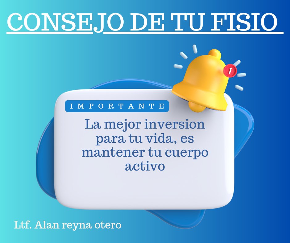 Lic_AlanReyna's tweet photo. Siempre mantente activo, será tu mejor inversion a largo plazo💪🏻

Recuerda somos tu mejor opcion en rehabilitación MET - Salud Integral 💯
Alan Reyna tu terapeuta de confianza 🙌🏻

#movimientoesvida #saludybienestar #mueveteyvivesaludable #MuevetePorTuSalud #PrevencionDeSalud https://t.co/K6dZcmvB7B