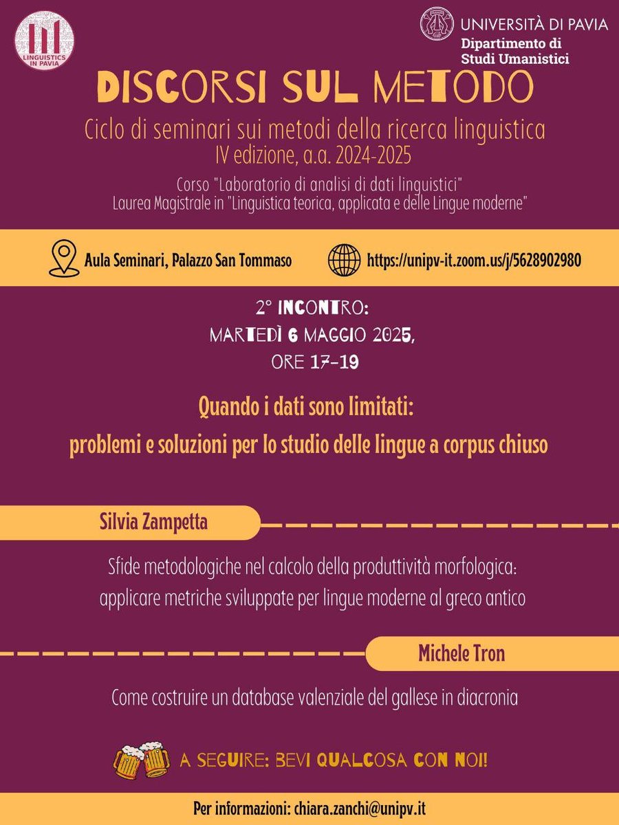 Discorsi sul Metodo - Ciclo di Seminari sui metodi della ricerca linguistica

1️⃣ Silvia Zampetta (Università di Pavia)
2️⃣ Michele Tron (Università di Pavia)
📍 Aula Seminari (Palazzo San Tommaso) / zoom
🕔 17:00 - 19:00

✨ Vi aspettiamo domani per il secondo incontro