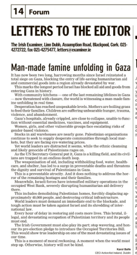 Miriam Donohoe (@miriamdonohoe) on Twitter photo . <a href="/Actionaid_Ire/">ActionAid Ireland</a> CEO <a href="/KarolBalfe/">KBalfe</a> highlights the man-made famine unfolding in #Gaza due to Israel’s inhuman aid blockade. She says Ireland can play its part in the #Palestinian crisis by passing the long-promised Occupied Territories Bill <a href="/SimonHarrisTD/">Simon Harris TD</a> irishexaminer.com/opinion/yourvi… . <a href="/Actionaid_Ire/">ActionAid Ireland</a> CEO <a href="/KarolBalfe/">KBalfe</a> highlights the man-made famine unfolding in #Gaza due to Israel’s inhuman aid blockade. She says Ireland can play its part in the #Palestinian crisis by passing the long-promised Occupied Territories Bill <a href="/SimonHarrisTD/">Simon Harris TD</a> irishexaminer.com/opinion/yourvi…