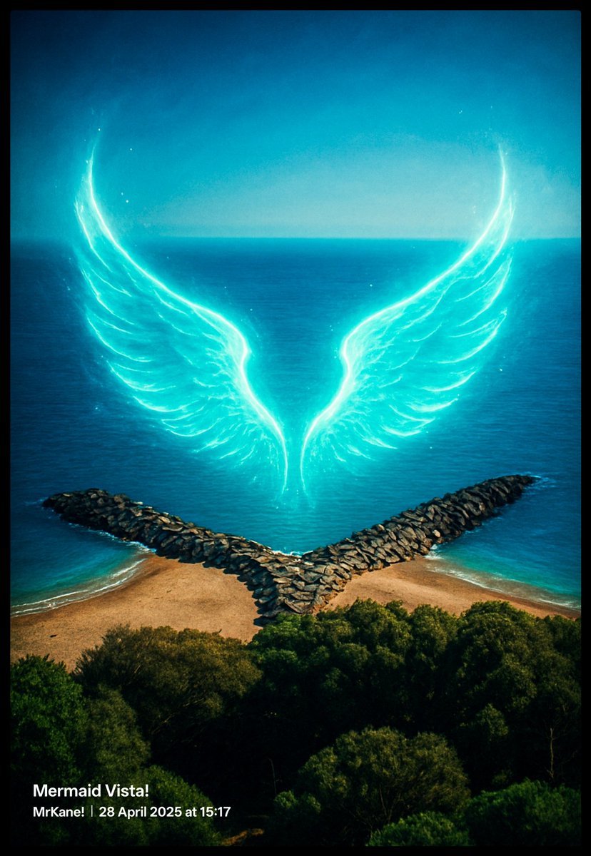 Thoughts on my 1st public a.i. creation please? The rocks are from an area local, trees and the sea....... But promoted the wings!

#AIart #ai #gpt #ChatGPT #imnotsure #Mermaid #wings #angelwings