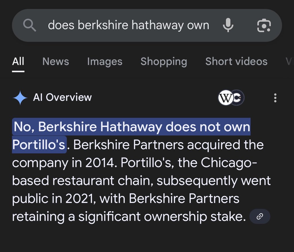 StockMKTNewz's tweet image. Someone just asked Warren Buffett about his Portillo’s investment 

Buffett doesn’t own any

A company called Berkshire Partners owns a part of the company but they have no relations to Berkshire Hathaway … rough from that guy