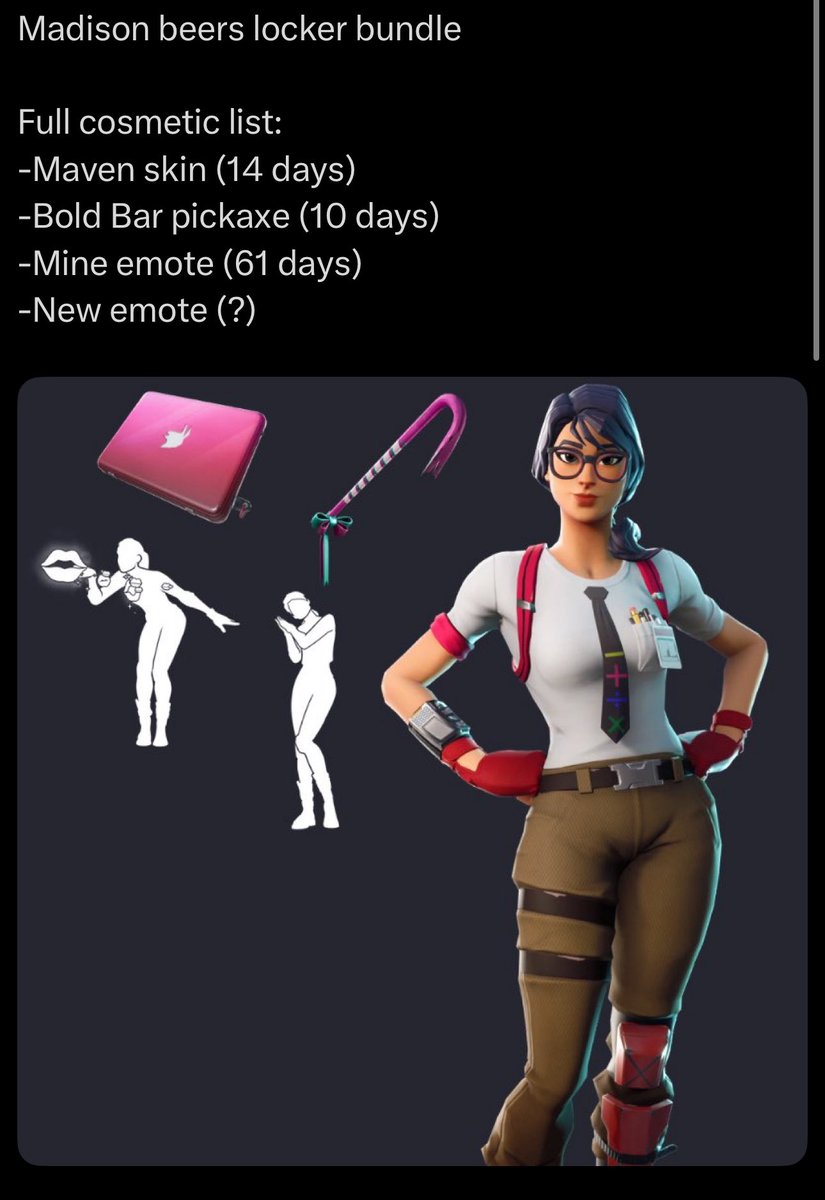 MadisonBeerInFN's tweet image. Disappointment..

At least a new emote and Mine returns.. no idea why not just invest in giving her a skin already..
