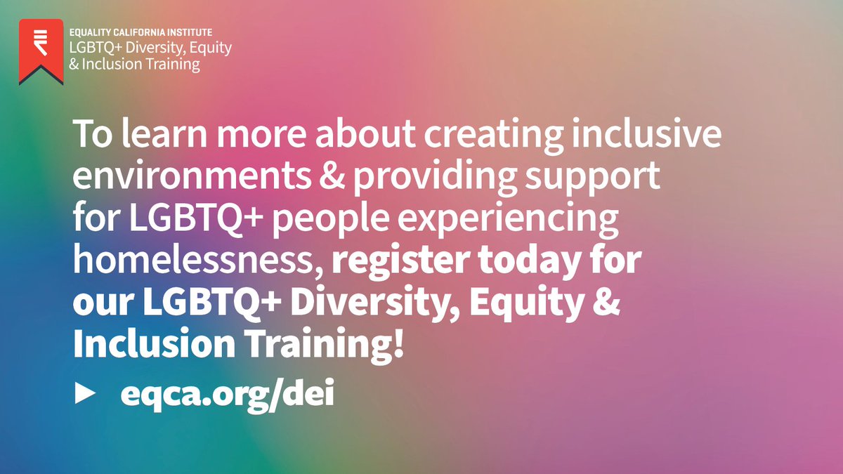 As a health or service provider, you can make a real difference for LGBTQ+ people facing homelessness. Strengthen your knowledge and skills by joining our free LGBTQ+ Diversity, Equity, and Inclusion training. Sign up today» eqca.org/dei