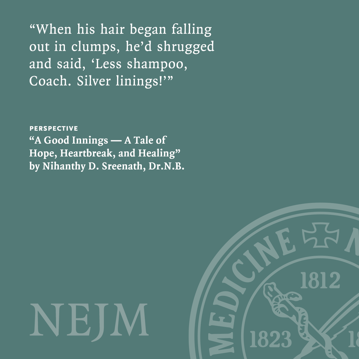 NEJM's tweet photo. A pediatric oncologist’s outlook and practice are transformed when a 10-year-old cricket fanatic with acute lymphoblastic leukemia touches her heart. Read the Perspective by Nihanthy D. Sreenath, DrNB: https://t.co/W9IZaJOWya https://t.co/eCAEqBGzwI