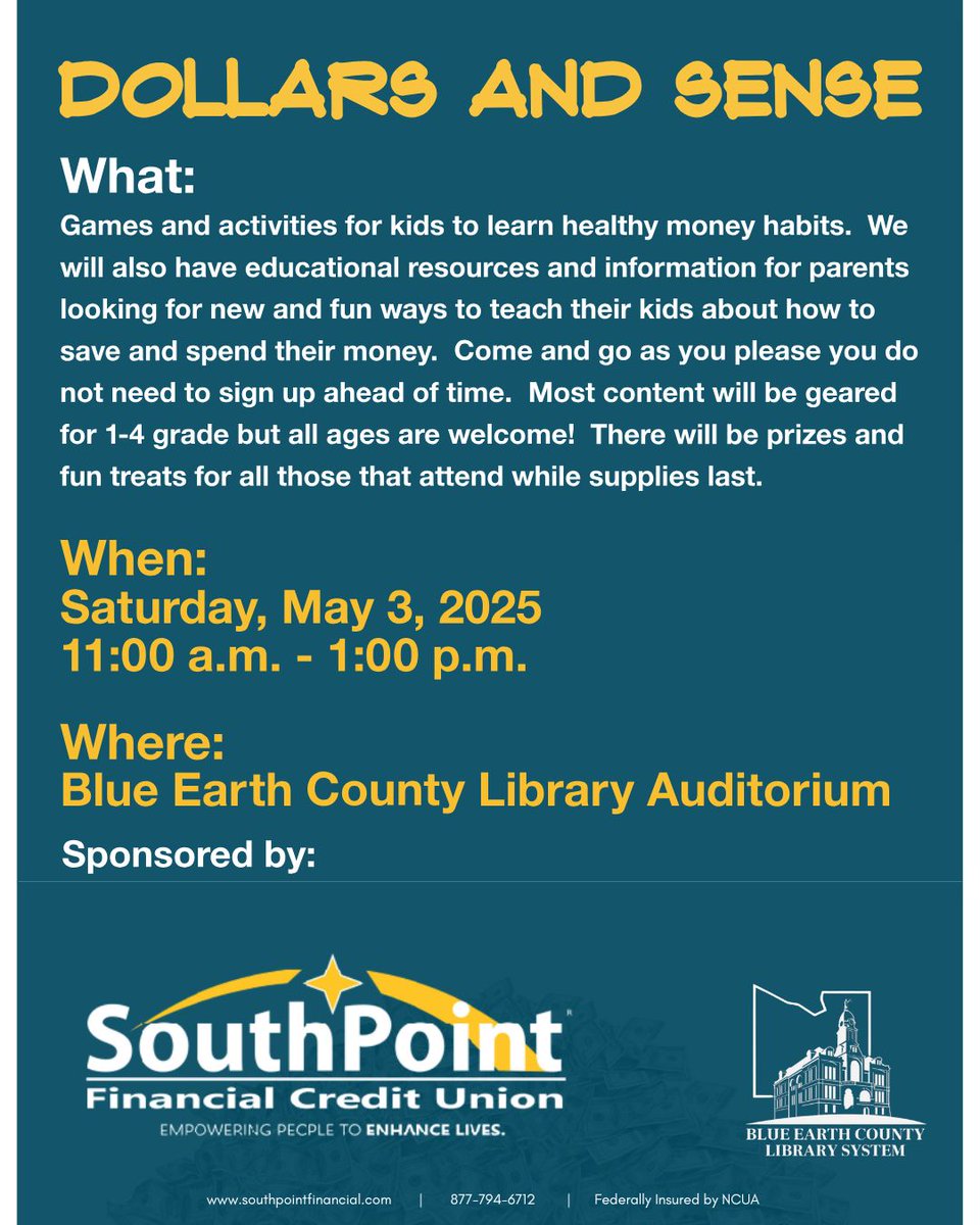 Today from 11 AM - 1 PM, SouthPoint Financial Credit Union is leading a series of fun and educational games to teach kids about healthy money habits! Prizes and treats are offered to all who attend while supplies last. Don't miss out on the fun!