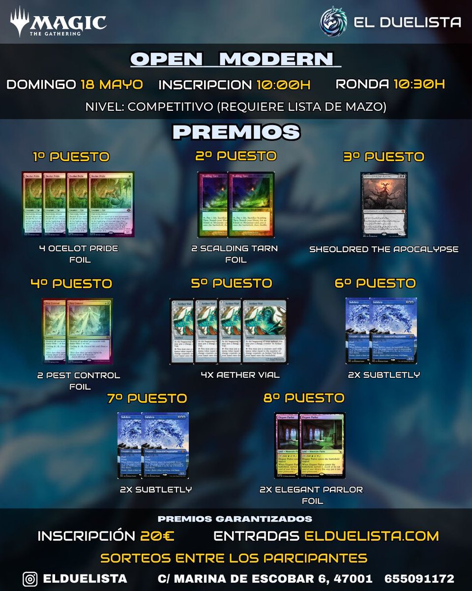Torneo Open de Modern en <a href="/ElDuelistaStore/">Elduelista.com</a> en Valladolid (por si alguno el 47001 no lo ubica). 

Allí estaré jugando el próximo día 18! 
Todo el que me gane en el torneo: sobre de Tarkir Dragonstorm free! Sorteos entre rondas! 

Entradas en su web hasta fin de existencias 🫡