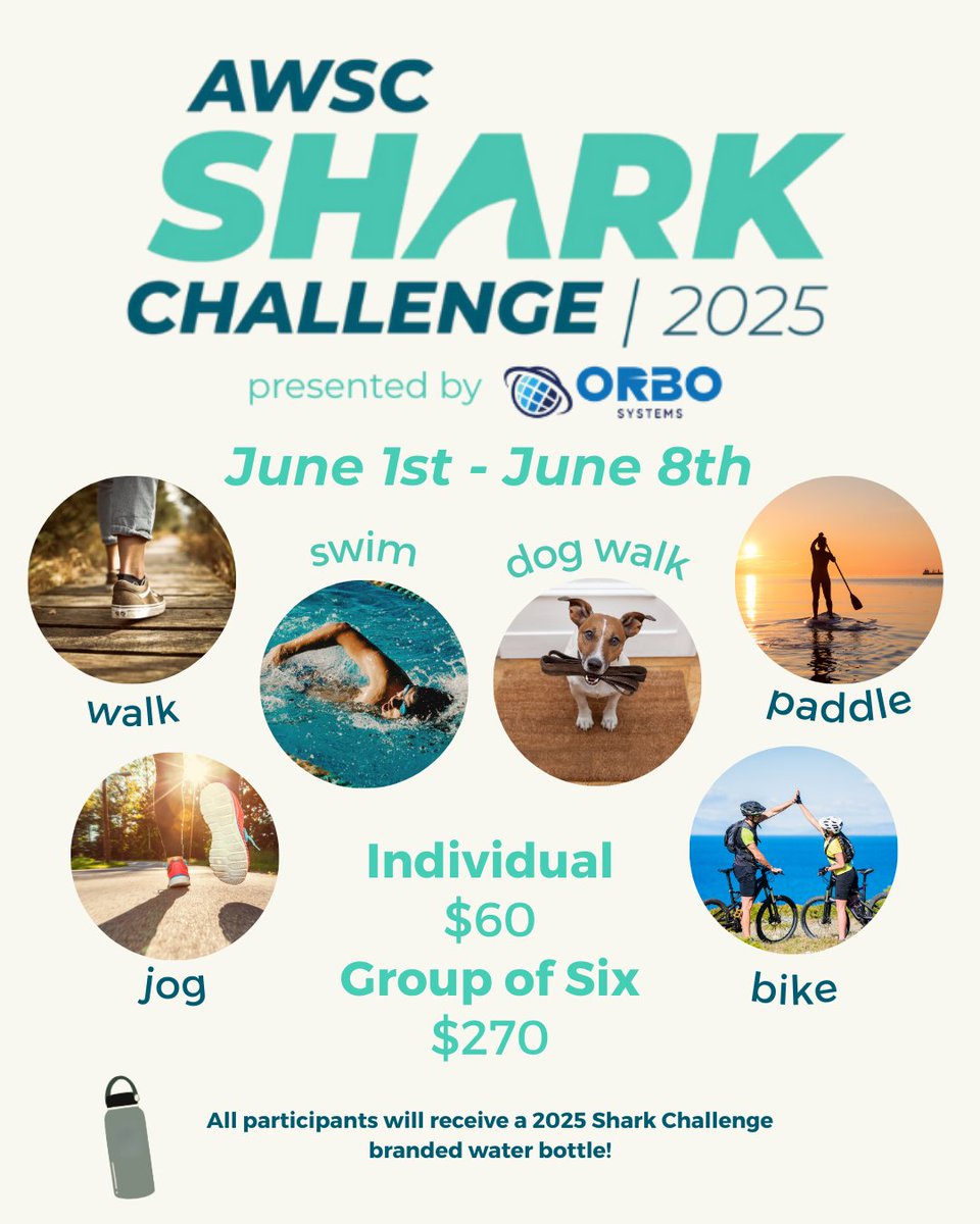 Register for the 2025 Shark Challenge! Join AWSC from June 1-8 for a fun week of training to support shark and ocean conservation. 

Text ChallengeReg25 to 41444 to register
Text Challenge25 to 71777 to be a fundraiser 

Or visit fundraise.givesmart.com/e/xc0g_g?vid=1… to register, today!