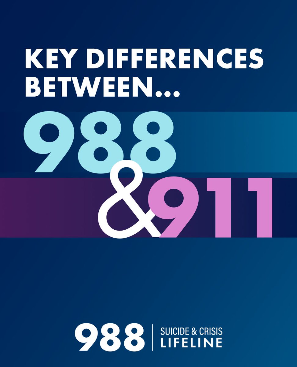 BTDFDN's tweet image. 988 is the place for you to call or text if you or a loved one is dealing with a mental health crisis. Here are some key differences between 988 and 911!

Do you have questions about 988? Visit SAMHSA.gov for information.

#MHAM2025