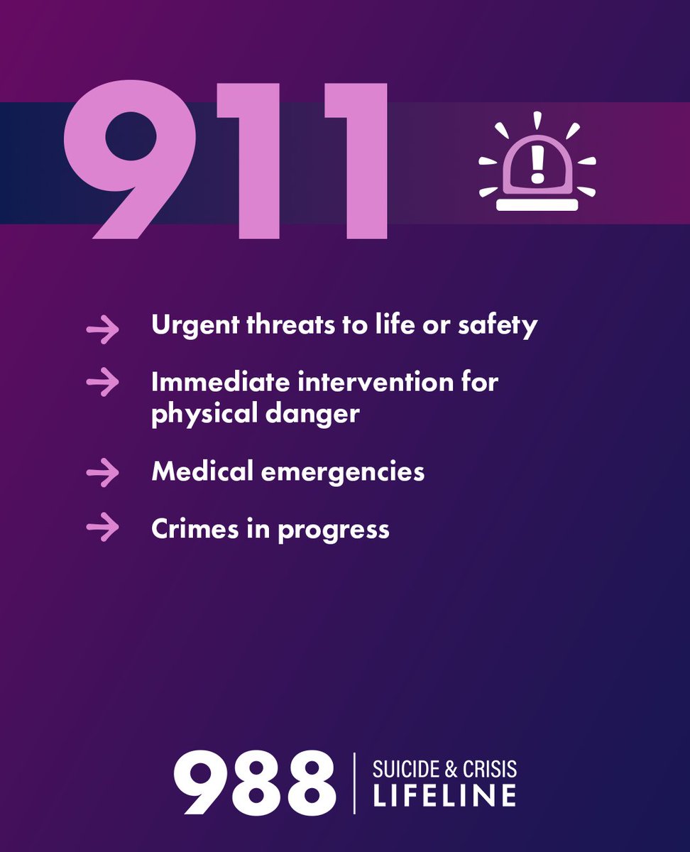 BTDFDN's tweet image. 988 is the place for you to call or text if you or a loved one is dealing with a mental health crisis. Here are some key differences between 988 and 911!

Do you have questions about 988? Visit SAMHSA.gov for information.

#MHAM2025