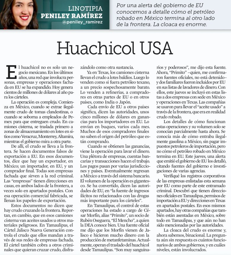Bere Aguilar (@bereaguilarv) on Twitter photo La cloaca del huachicol es enorme y, ahora sabemos, binacional. La pregunta aún sin respuesta es cuántos funcionarios de ambos gobiernos, y en cuáles niveles, están involucrados.
<a href="/peniley_ramirez/">Peniley Ramírez</a> La cloaca del huachicol es enorme y, ahora sabemos, binacional. La pregunta aún sin respuesta es cuántos funcionarios de ambos gobiernos, y en cuáles niveles, están involucrados.
<a href="/peniley_ramirez/">Peniley Ramírez</a>