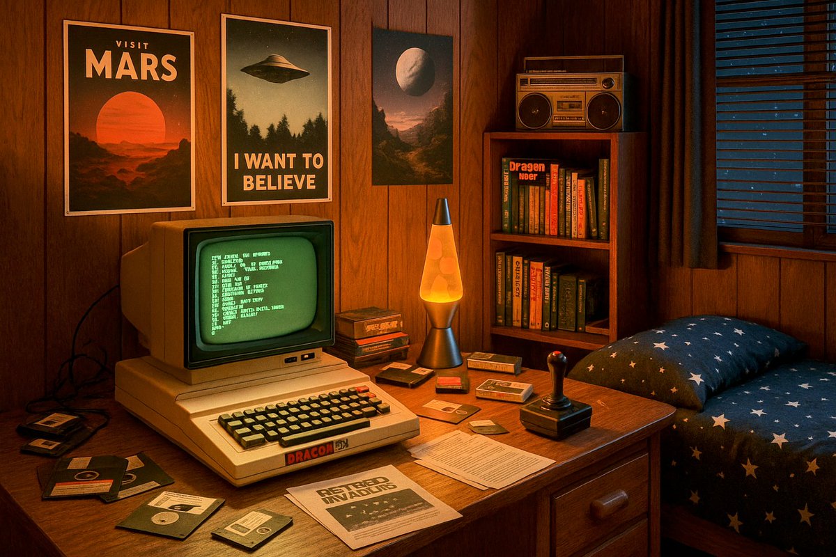 TheD32Files's tweet photo. Just one more line of code before bed…
The soft hum of the CRT, the glow of the lava lamp, and dreams powered by 8-bit wonder.
Long live the bedroom coders of the '80s. #Dragon32 #RetroComputing #BASIC #HomebrewHistory https://t.co/CWJIPL99uq