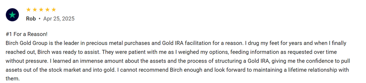 “Birch was patient. Birch was ready. Birch was the right choice.”
Rob’s words remind us that real service isn’t rushed — it’s earned. 🤝
#GoldIRA #ReviewSpotlight #RetirementSecurity