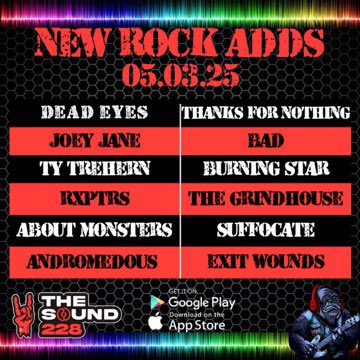 The Sound (@thesound228) on Twitter photo New Rock Adds!
<a href="/deadeyesmd/">DEAD EYES</a> - “Thanks For Nothing”
Joey Jane - “Bad”
<a href="/tytrehernmusic/">Ty Trehern</a> - “Burning Star”
<a href="/RXPTRS/">𝐑𝐗𝐏𝐓𝐑𝐒</a> - “The Grindhouse”
About Monsters- “Suffocate”
<a href="/andromedous/">Andromedous</a> - “Exit Wounds”
Get your requests in! Download the app or listen on the web, linktr.ee/thesound228 New Rock Adds!
<a href="/deadeyesmd/">DEAD EYES</a> - “Thanks For Nothing”
Joey Jane - “Bad”
<a href="/tytrehernmusic/">Ty Trehern</a> - “Burning Star”
<a href="/RXPTRS/">𝐑𝐗𝐏𝐓𝐑𝐒</a> - “The Grindhouse”
About Monsters- “Suffocate”
<a href="/andromedous/">Andromedous</a> - “Exit Wounds”
Get your requests in! Download the app or listen on the web, linktr.ee/thesound228