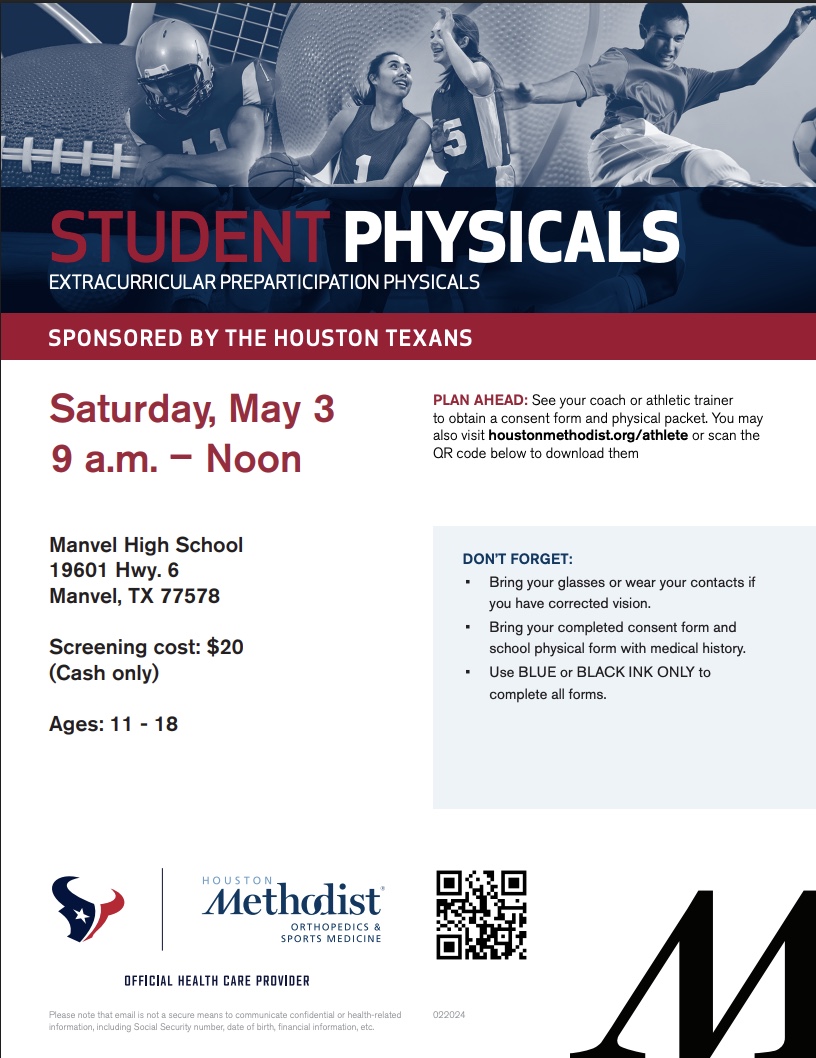 HokaHeyFB (@hokaheyfootball) on Twitter photo Stop By Manvel HS Sport Medicine Department and get your 2025-2026 physical TODAY! $20 CASH!
<a href="/CoachKirkMartin/">Kirk Martin</a> <a href="/HokaHeyBooster/">Manvel Ath Booster Club πππβΎοΈπ₯β½οΈβ³πββοΈποΈπβπ</a> <a href="/HokaHeyAP/">HokaHeyAthleticPerformamce</a> <a href="/ManvelHS/">Manvel High School</a> <a href="/ManvelJH/">Manvel Junior High</a> <a href="/RodeoPalms/">Rodeo Palms Jr. High</a> #BeDifferent #RecruitManvel Stop By Manvel HS Sport Medicine Department and get your 2025-2026 physical TODAY! $20 CASH!
<a href="/CoachKirkMartin/">Kirk Martin</a> <a href="/HokaHeyBooster/">Manvel Ath Booster Club πππβΎοΈπ₯β½οΈβ³πββοΈποΈπβπ</a> <a href="/HokaHeyAP/">HokaHeyAthleticPerformamce</a> <a href="/ManvelHS/">Manvel High School</a> <a href="/ManvelJH/">Manvel Junior High</a> <a href="/RodeoPalms/">Rodeo Palms Jr. High</a> #BeDifferent #RecruitManvel