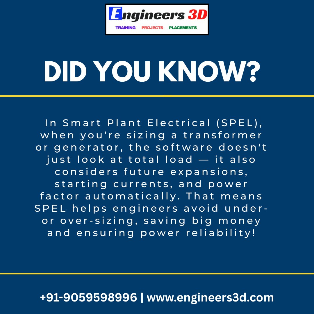 Engineers3d's tweet photo. SPEL auto-sizes transformers &amp; generators based on real load, future needs &amp; power factor! No guesswork—just genius! ⚡🧠 Smart power, smart savings!

#ElectricalEngineering #SPEL #SmartPlantElectrical #EngineeringFun #PowerUp #TransformerTips #GeneratorGoals #AutoSizing https://t.co/4WGwLUuccj