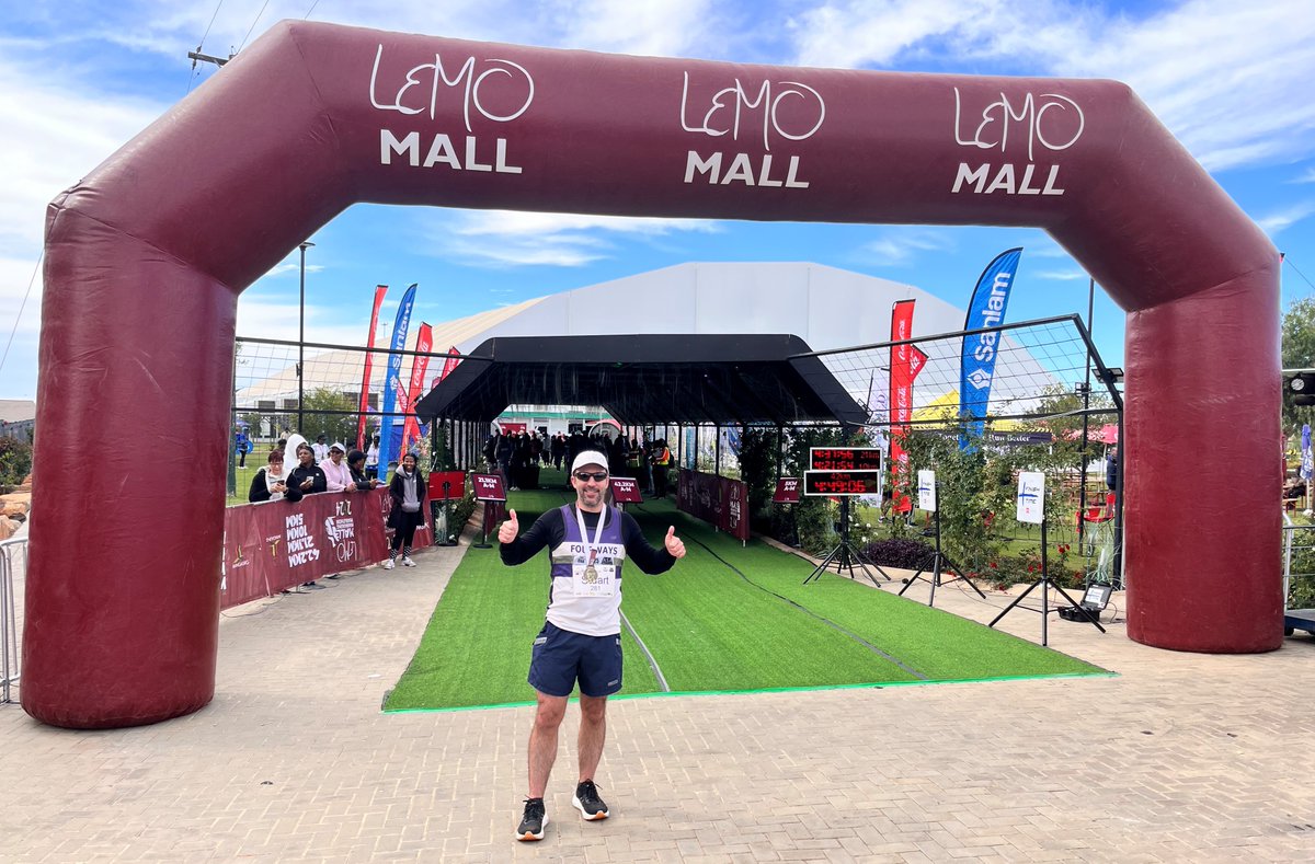 runningmann100's tweet photo. Completed Marathon #281 (unique #172) at #LemoMallMarathon . Well done to Teboho and the Titaniums team for an excellent race. In just 2 years this has become the biggest running event in the Free State. My legs are fine but my arms are still sore from carrying the goodie bag. https://t.co/EUVpJCIQTy