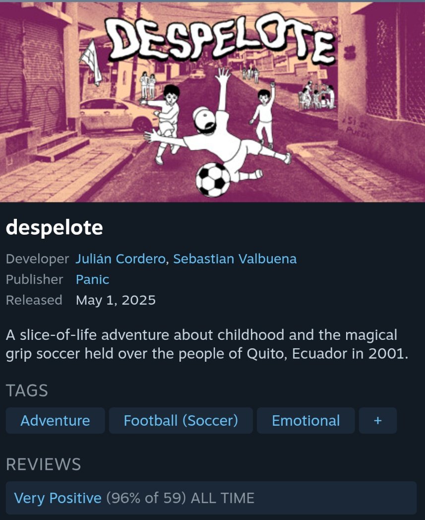 Casi llegamos a 100 reseñas en Steam.

Es importante tener una buena cantidad de reseñas después del fin de semana de lanzamiento para visibilidad. ¡Escríbenos si lo pasaste bien! 🙏🏽