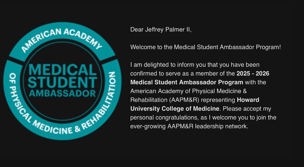 Jeff G. Palmer II (@jeff_palmerii) on Twitter photo Extremely honored to represent <a href="/HowardU/">Howard University</a> as a Medical Student Ambassador for <a href="/AAPMR/">AAPM&R News</a> ! Excited to see what this next year brings and to continue to promote the best specialty to my colleagues! Extremely honored to represent <a href="/HowardU/">Howard University</a> as a Medical Student Ambassador for <a href="/AAPMR/">AAPM&R News</a> ! Excited to see what this next year brings and to continue to promote the best specialty to my colleagues!