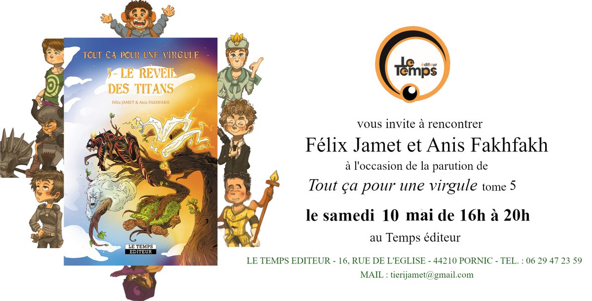 tjamet2's tweet photo. Le 10 mai, de 16 à 20h, au Temps éditeur, venez découvrir et vous faire dédicacer par Anis Fakhfakh et Félix Jamet,  le tome 5 des aventures des élus de la Virgule. https://t.co/AaUtgn08HH