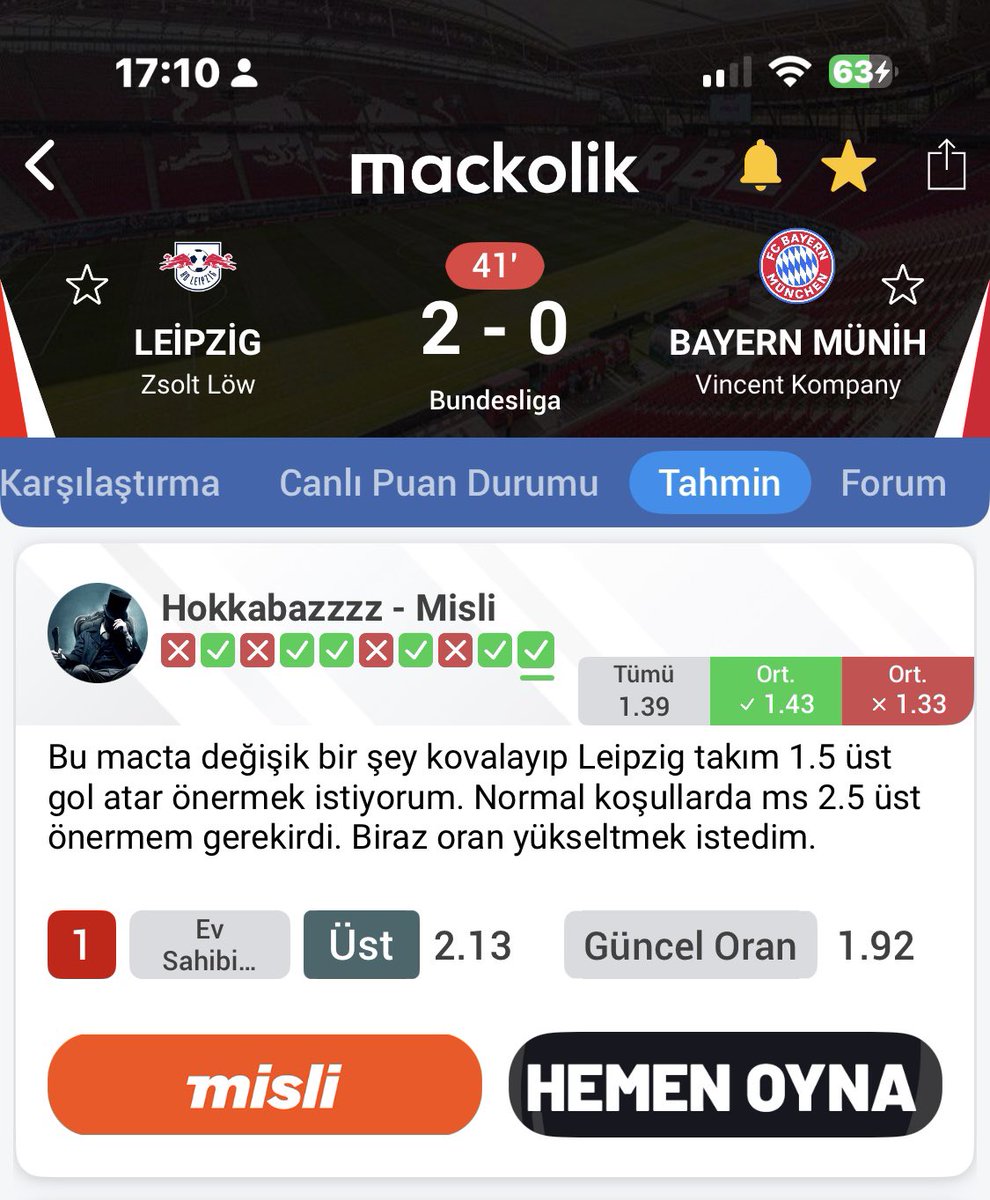 Türkiye’de maçkolik’te Bayern maçına verilen en yüksek oranlı tahmindi🙏🏻