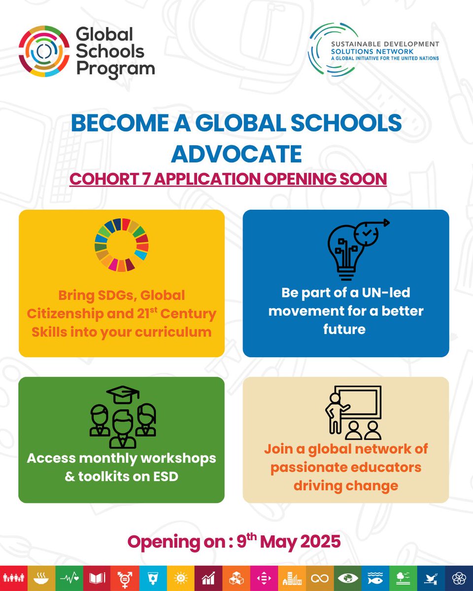 SDGsInSchools's tweet image. 📣 Exciting news! Applications for the #GlobalSchools Advocate Program Cohort 7 open on May 9, 2025! Join a UN-led movement of educators bringing #SDGs & #ESD into classrooms worldwide.
#TeachSDGs #EducationForSustainableDevelopment #GlobalSchoolsAdvocates #SDGs