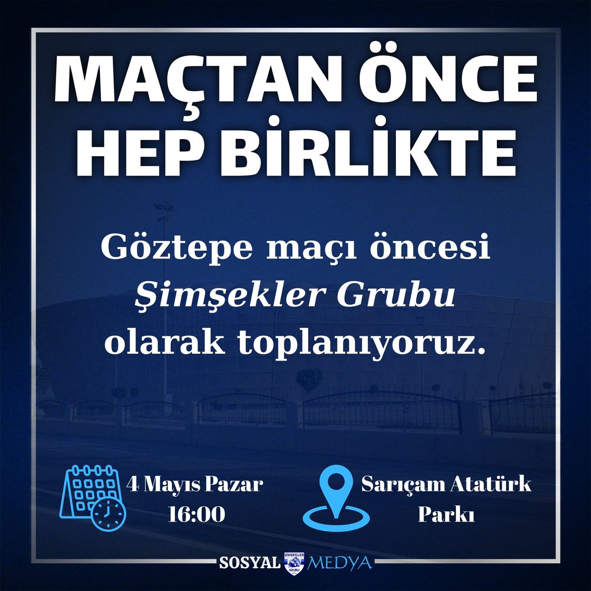 Göztepe maçı öncesi Şimşekler Grubu olarak toplanıyoruz.

Saat: 16:00
Toplanma Yeri: Sarıçam Atatürk Parkı

*Sarıçam Atatürk Parkı konumu WhatsApp kanalımızdan atılacaktır.
#ŞimşeklerGrubu