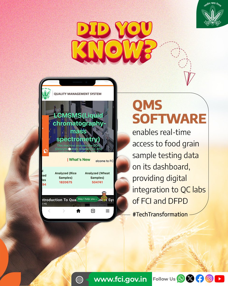FCI_India's tweet photo. Seamless quality checks, real-time insights.
With QMS integration, FCI strengthens its commitment to transparent and efficient foodgrain quality control.
#QualityAssurance #DigitalFCI #FoodSecurity https://t.co/3vdSGRbCS7