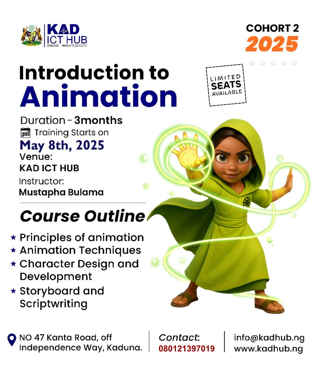 thekadhub's tweet photo. Few Days Left !
Join the Introduction to Animation course at KAD ICT HUB starting May 8th, 2025 !
Learn animation principles, character design, storyboarding & more.
๐Kaduna | ๐ 08121397919 | ๐ https://t.co/roi3toTYJh
#Animation #KADICTHUB #learnwithus https://t.co/iwjiiHDRmQ