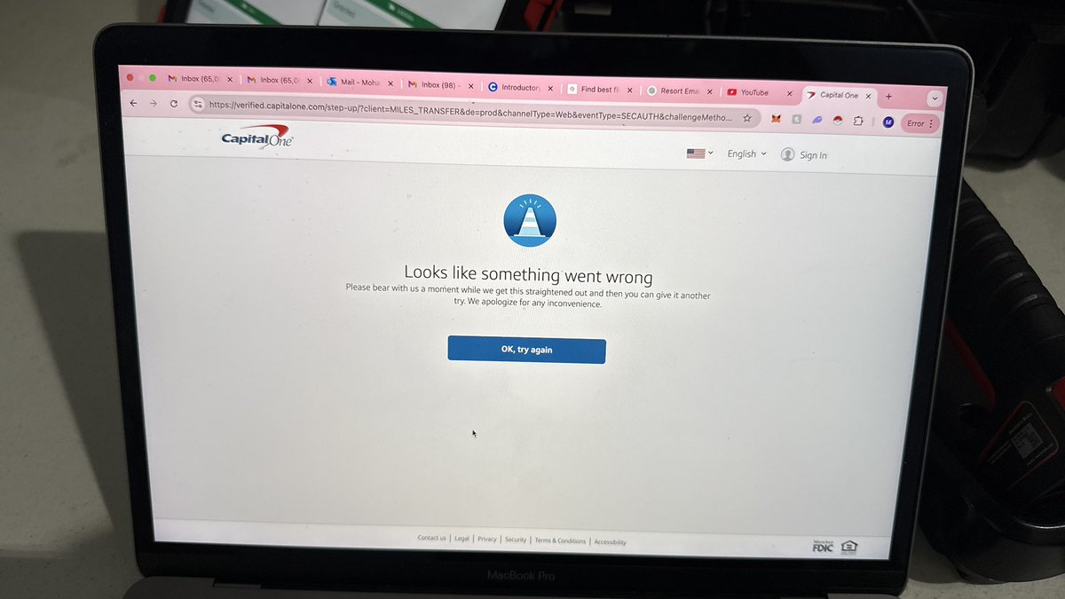 SuhailSahabdeen's tweet photo. Hi,

Whenever I click on "Transfer Reward," I get an error saying, "Looks like something went wrong..." and then it logs me out. This happens every time I try.

Is anyone else experiencing this issue, or is the feature currently down?
Thanks!
@AskCapitalOne @CapitalOne https://t.co/d3j0U7rPsF